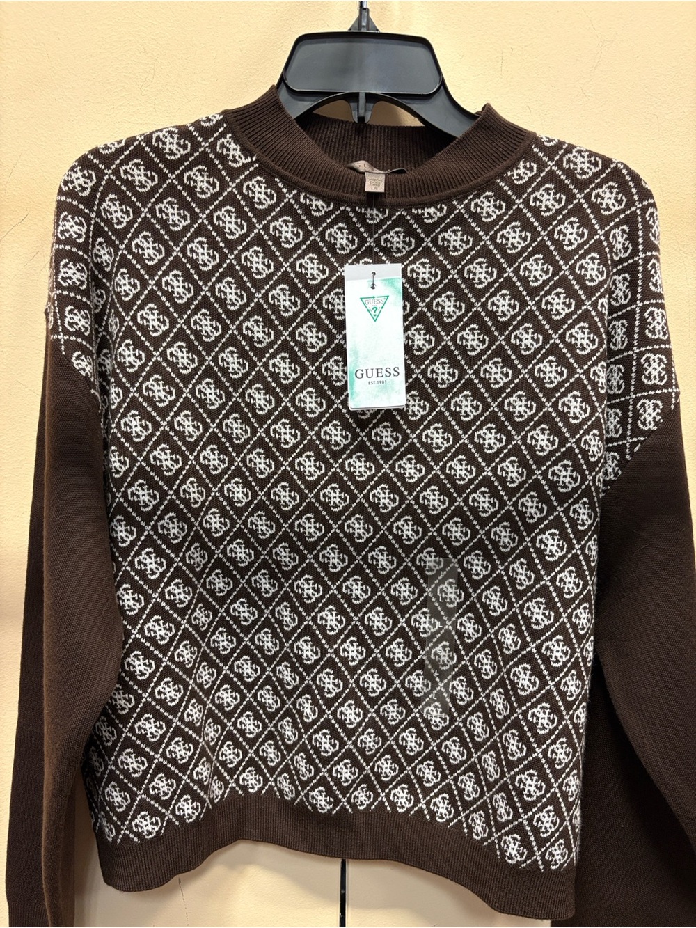 GuessMonogram(Juniors )Knit Sweater Brown Cream Logo Unisex Crewneck